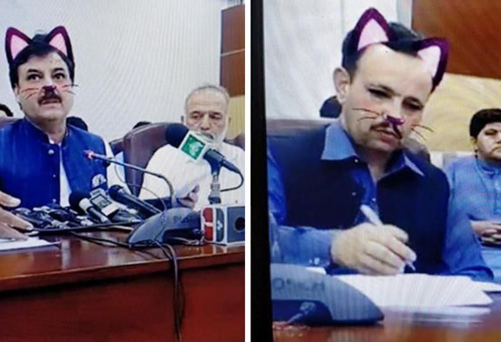 Filtro gatto si attiva erroneamente durante una live di politici pakistani ed è subito virale!