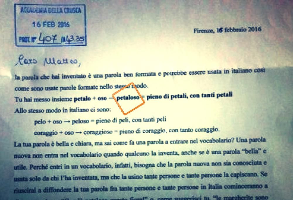 Il piccolo Matteo inventa la parola “petaloso” e la Crusca l’approva