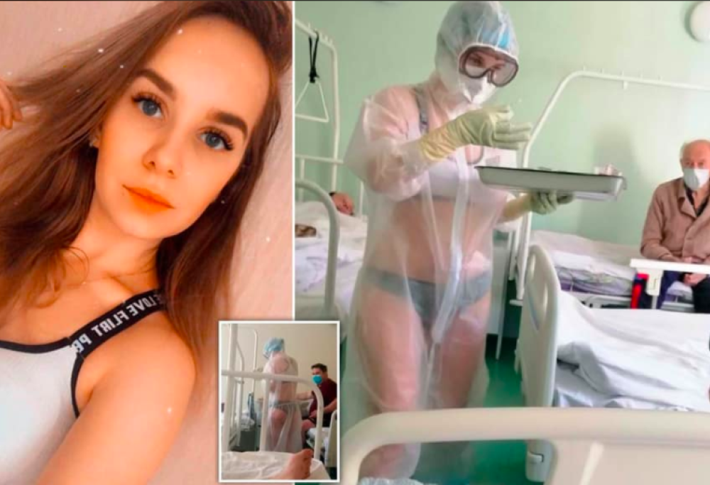 L’infermiera russa in costume sotto la tuta trasparente ora fa la modella