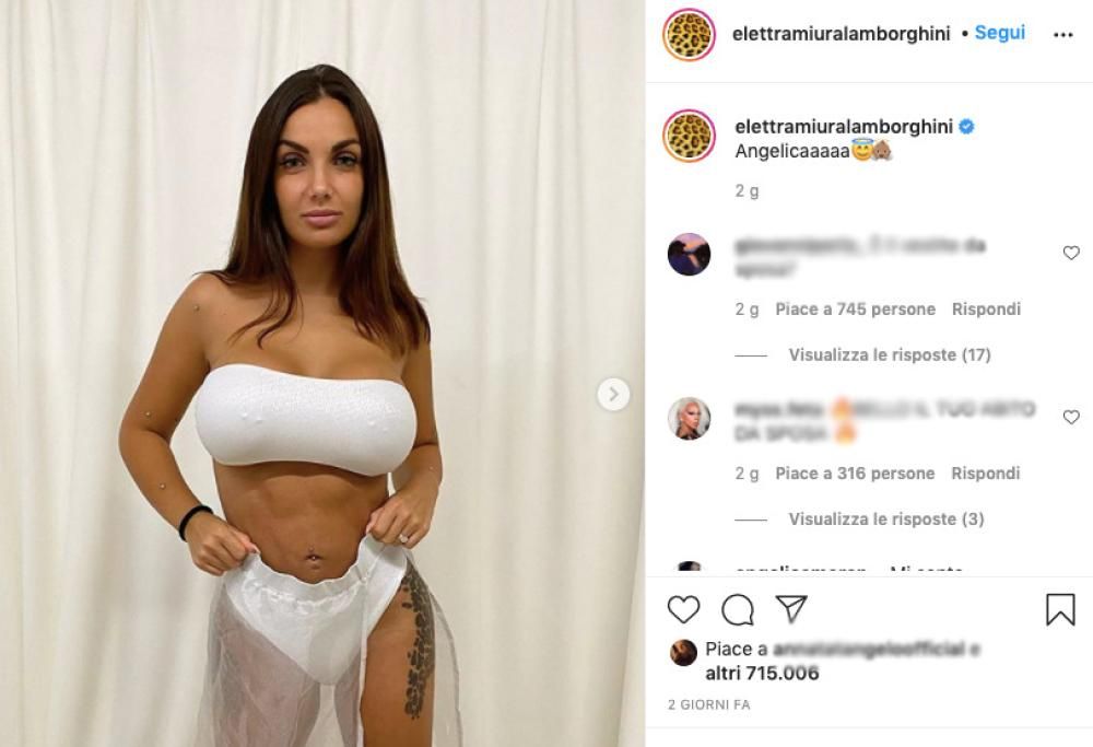 Elettra Lamborghini in intimo con il velo: “Ma vi pare che vado all’altare con il c*** di fuori?”