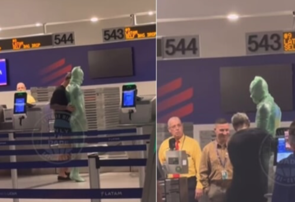 Avvolto nella pellicola prova a imbarcarsi come bagaglio