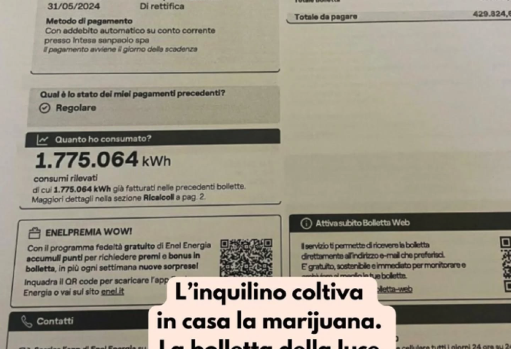 Coltiva marijuana in casa, bolletta da 430mila euro