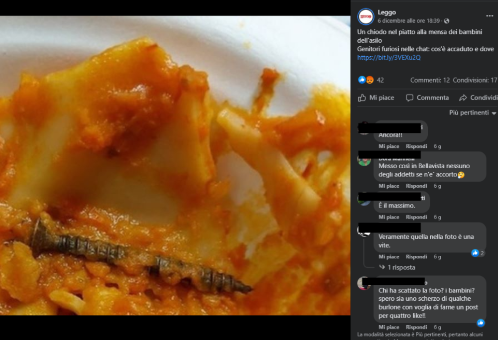 Un chiodo nella pasta servita ai bambini dell’asilo: genitori impazziti sulla chat