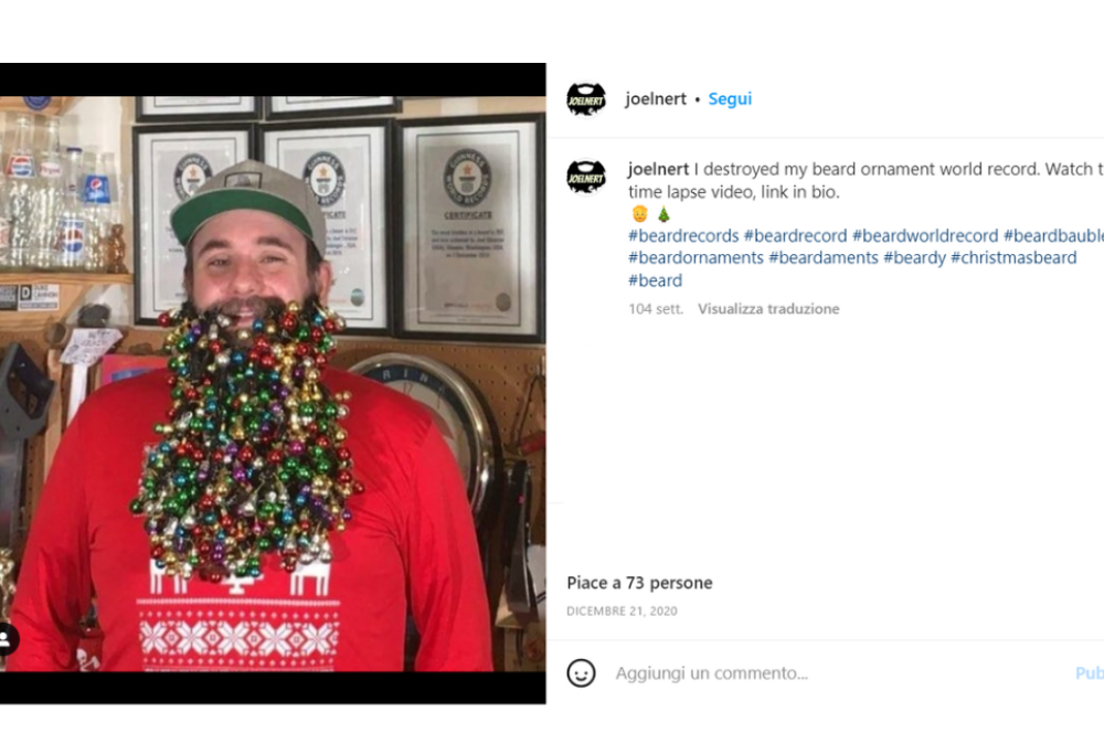 L’uomo dei record si decora la barba con 710 palline di Natale