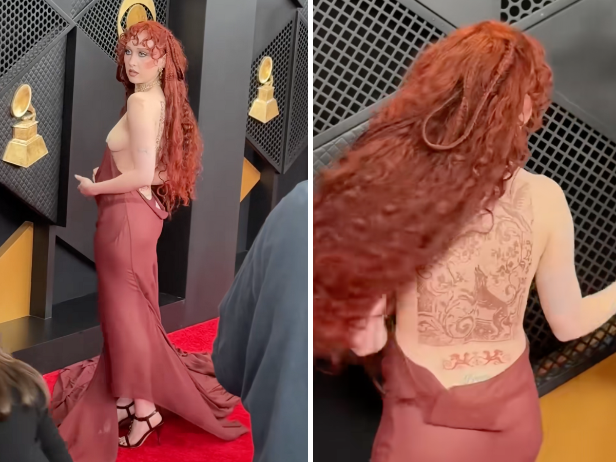 Chappell Roan ai Grammy con vestito sorretto da anelli ai capezzoli