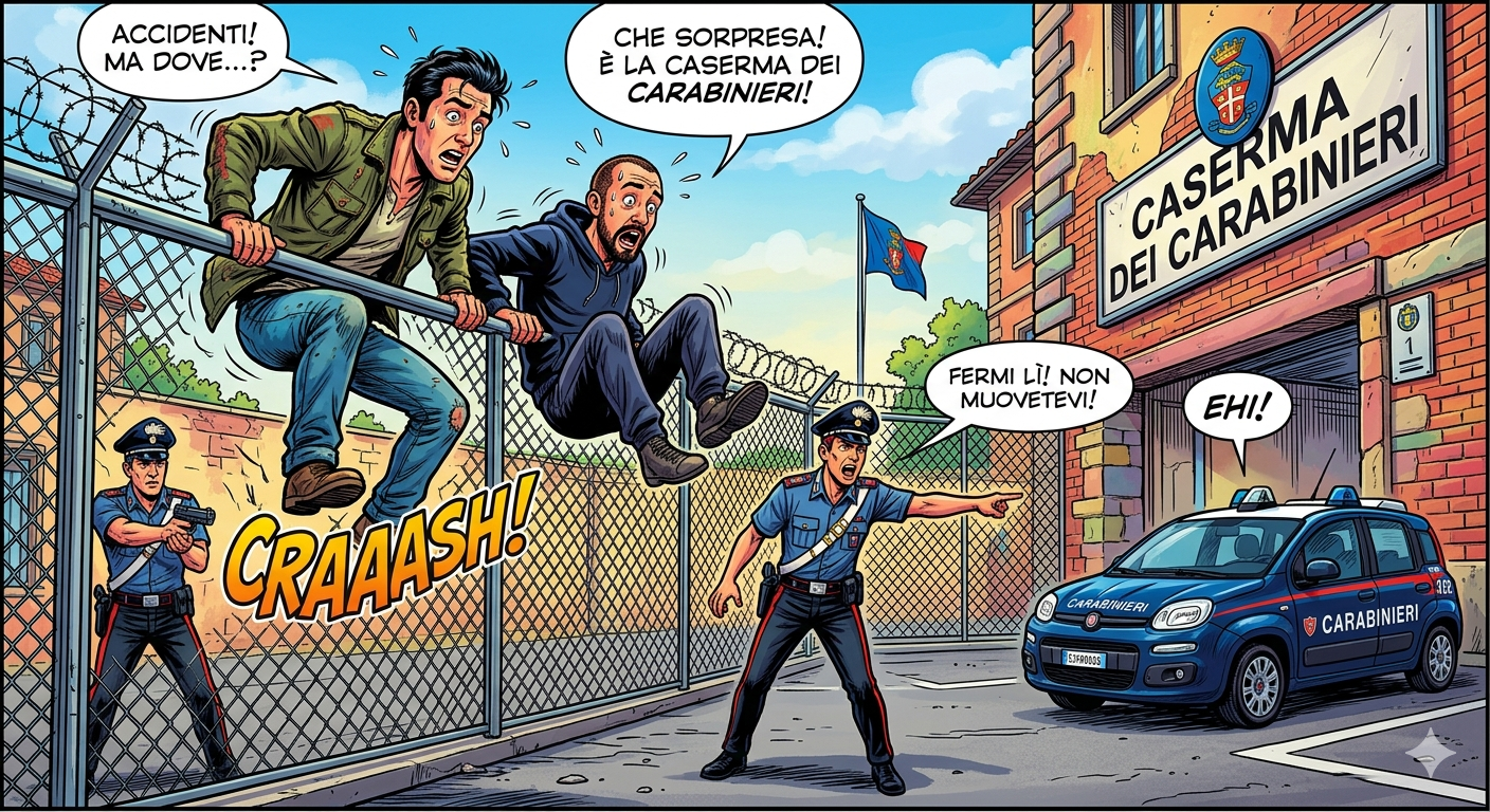 Ladri inseguiti dai carabinieri scavalcano recinzione, ma è quella della caserma