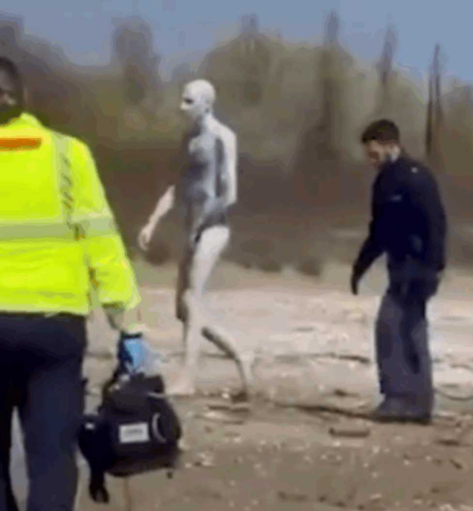 Uomo nudo e verniciato di bianco fermato al Lido di Venezia