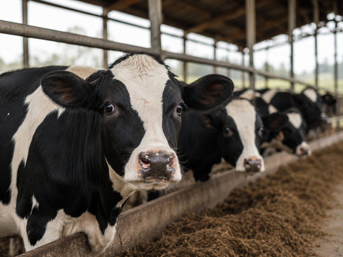 Dairy cows lined up at a feeding trough in a barn, facing the camera.