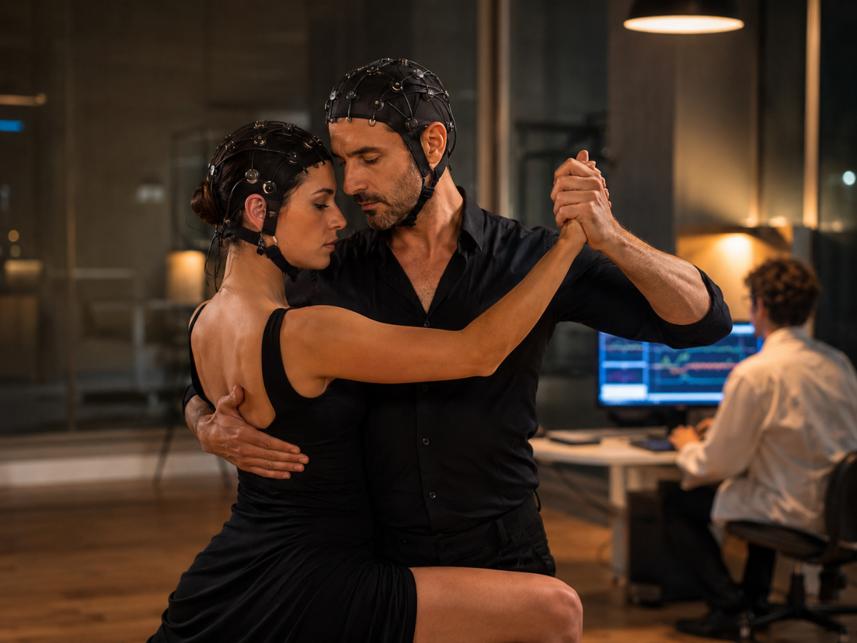 Couple ballroom dancing with black EEG caps in a lab, a researcher at a computer in the background.
