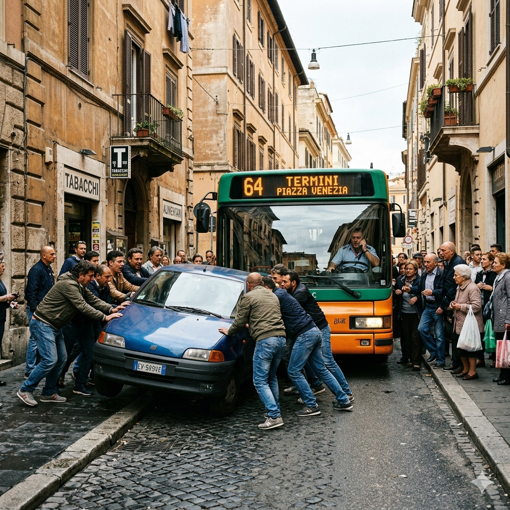Roma, auto in sosta selvaggia blocca l’autobus e i turisti la spostano a braccia