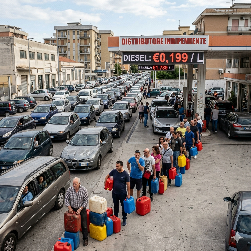 Line of people carrying colorful plastic fuel cans waiting at a busy gas station, with cars lined up on both sides.