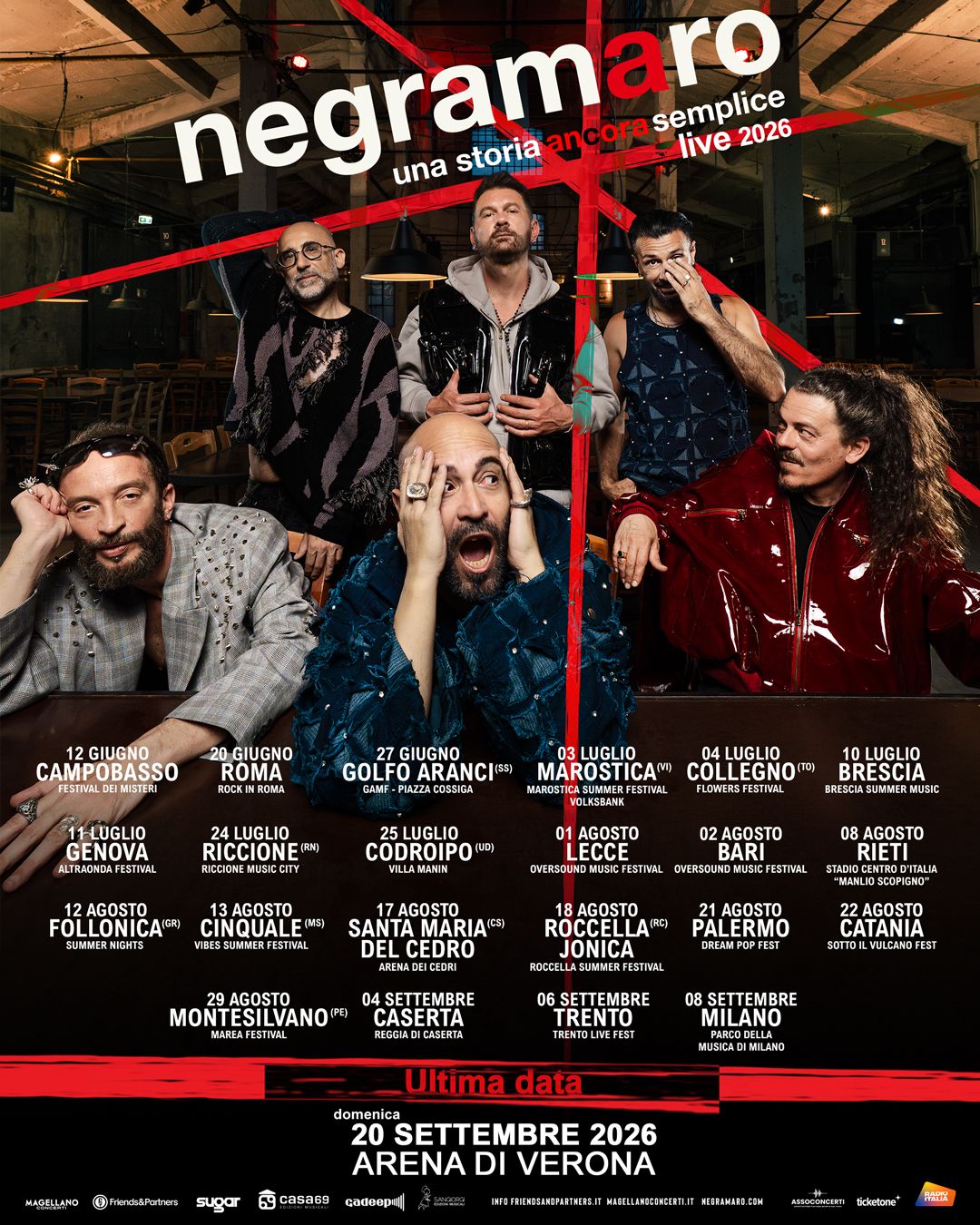 Poster promoting Negramaro's 2026 tour 'Una storia ancora semplice' with band members posed in front of a workshop setting and red tape graphic; lists tour dates at bottom