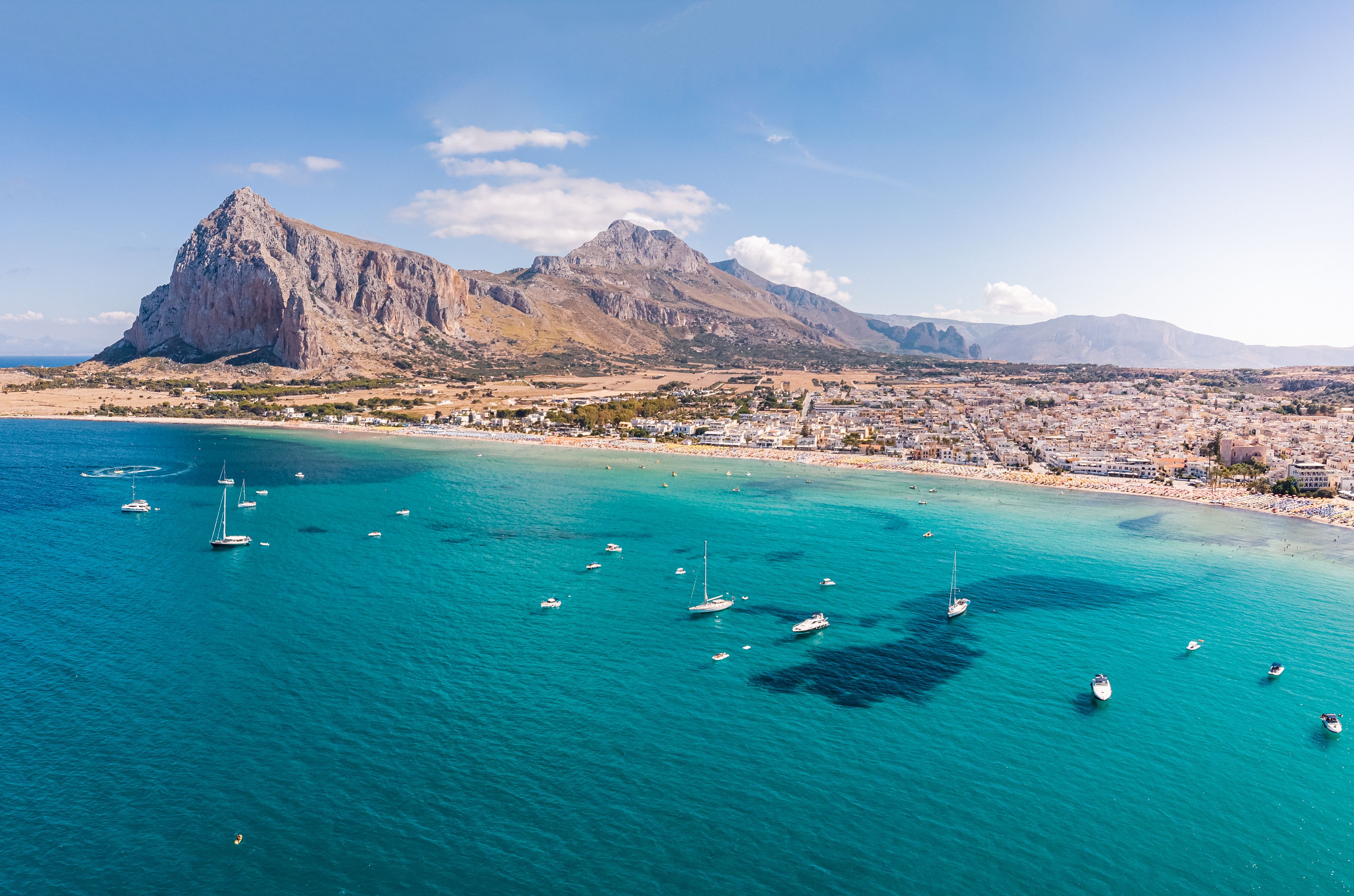 High angle view of sailboats in sea against skySan Vito Lo CapoTrapaniItaly