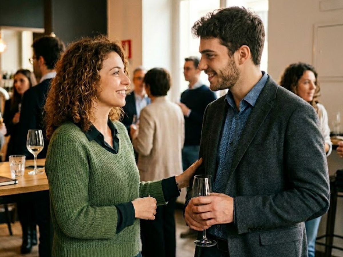 Two coworkers converse at a social event, smiling, with a glass of wine in hand and others mingling in the background.