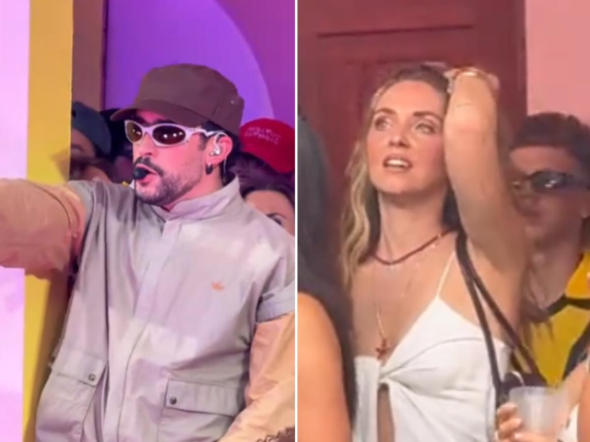 Split image of a party: left panel shows a man wearing a brown cap, white sunglasses, and a gray jacket, pointing or leaning toward the crowd; right panel shows a woman in a white top raising her arm and looking up while holding a drink.