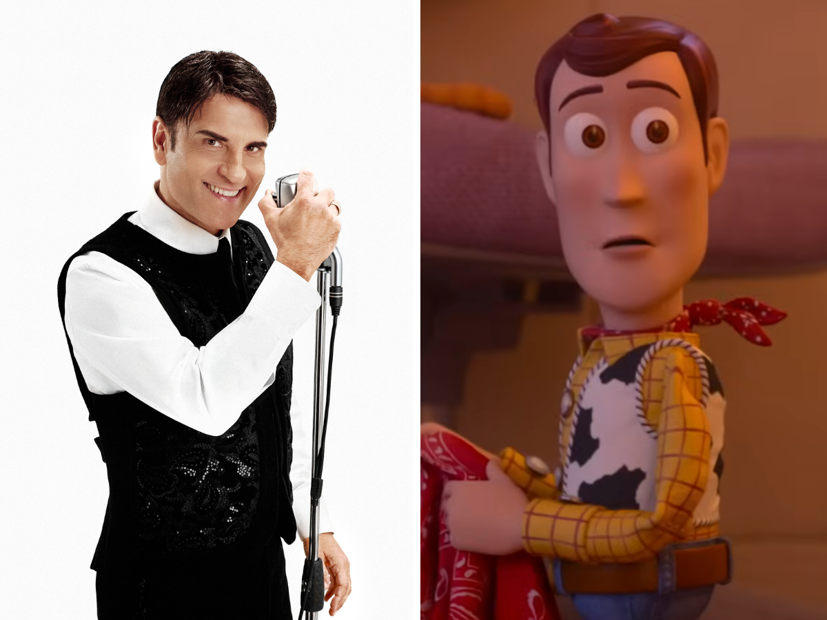 Left: man in a black vest and white shirt singing into a microphone; right: Woody from Toy Story in a plaid shirt looking surprised.