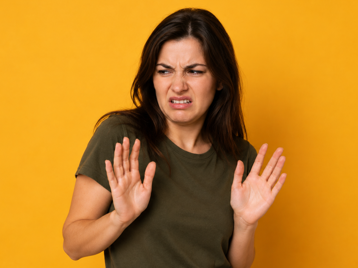 Woman with a dark green shirt holds up her hands in a stop gesture, making a wary, disapproving face against a bright yellow background.