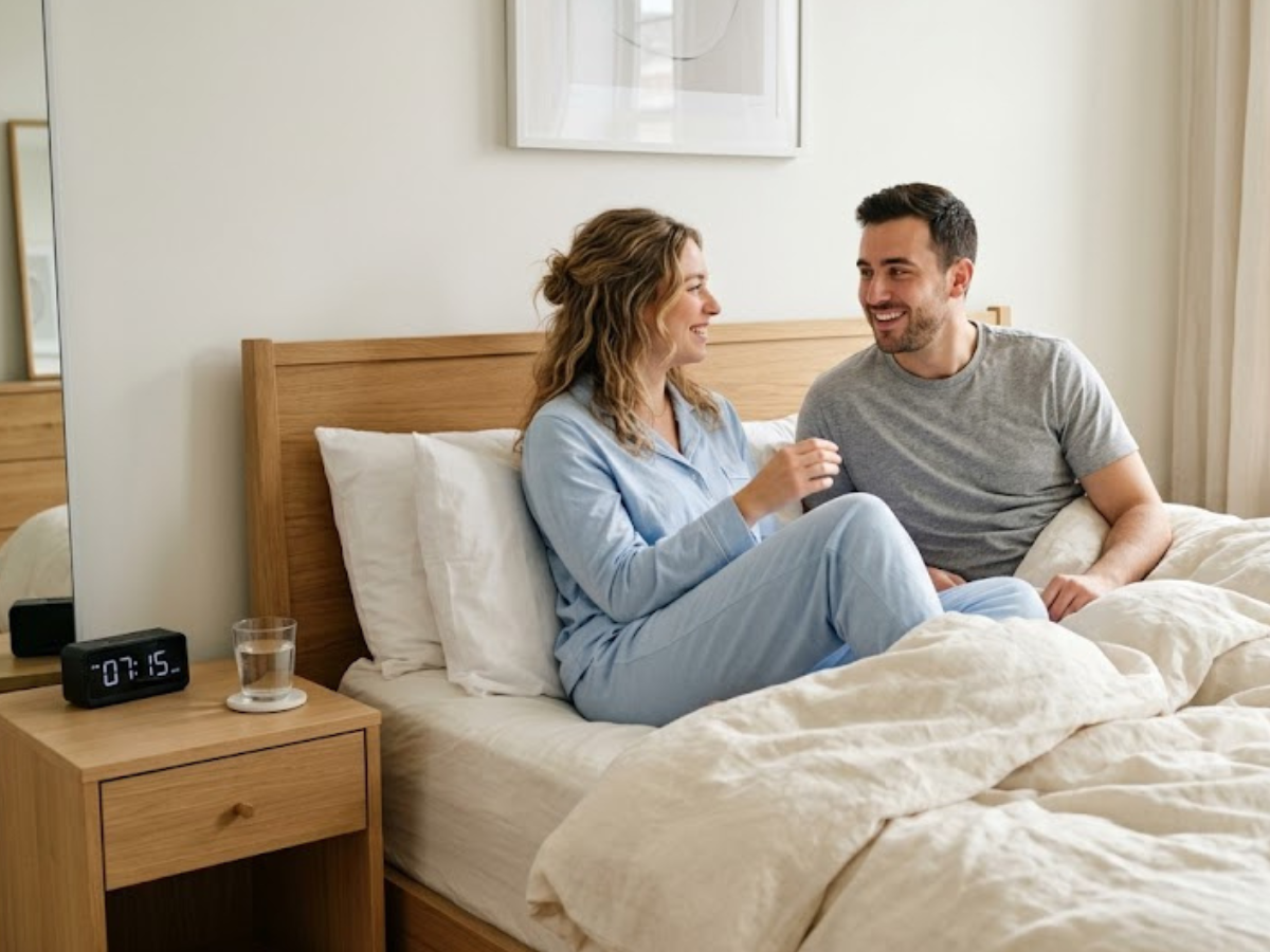 Couple sits on a bed in light blue pajamas, smiling at each other in a sunlit bedroom.