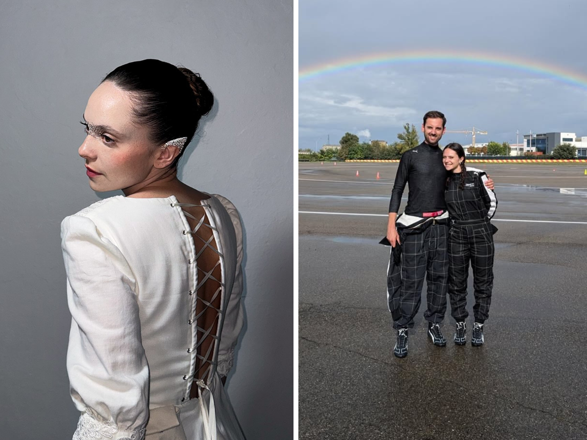 Split image: left portrait of a woman in a white lace-up back dress; right two people in racing suits pose on a runway under a rainbow in the sky.
