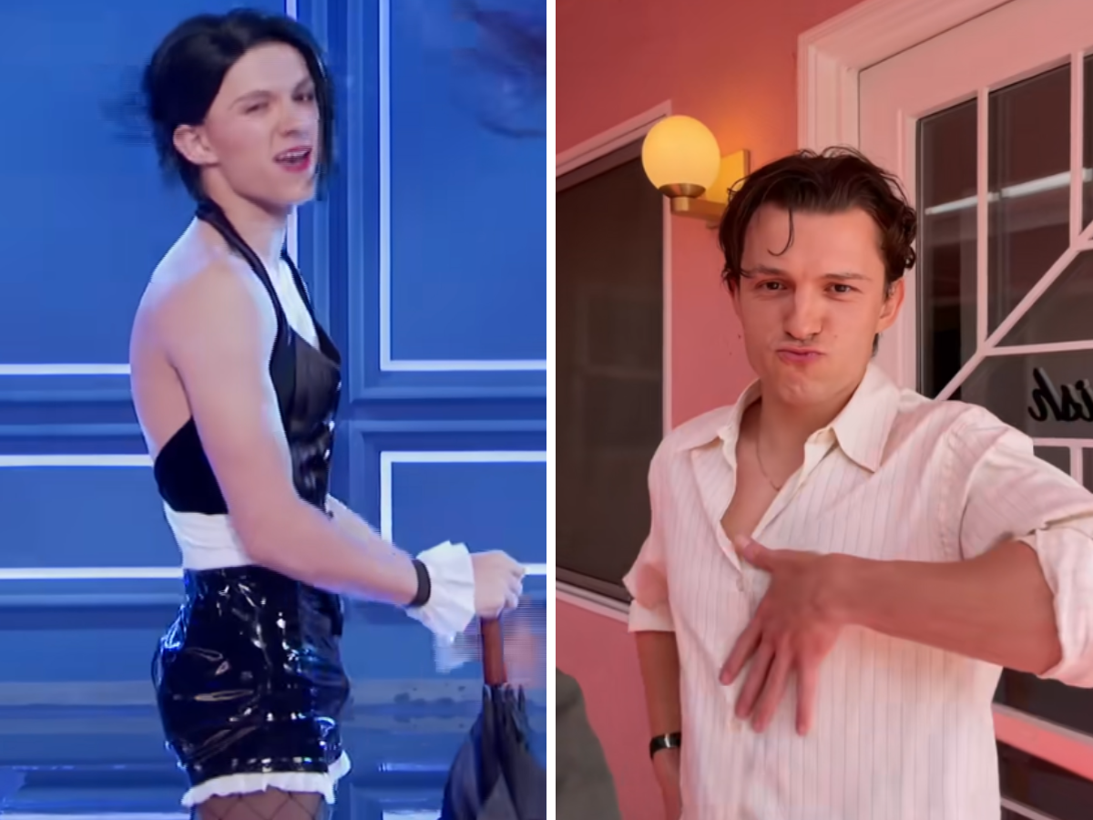 Split-screen image: left side shows a person in a black shiny latex outfit holding an umbrella against a blue set; right side shows a person in a white shirt in a pink room making a dramatic hand gesture.