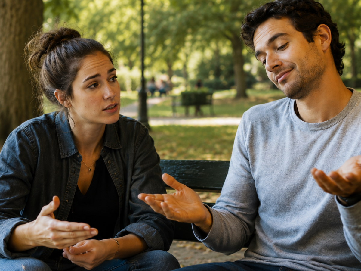 Two friends on a park bench converse, using hand gestures while facing each other on a sunny day in the park.