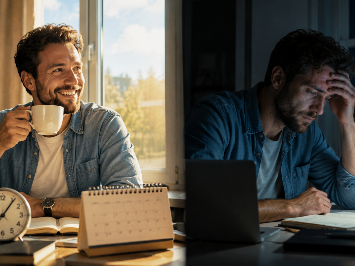 Two men sit at a desk: one smiles while drinking coffee by the window, the other looks stressed with his head in his hand beside a laptop and papers.