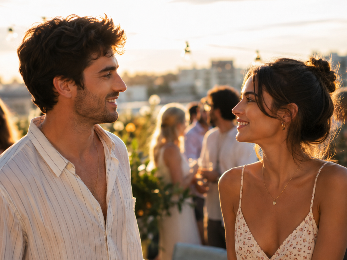 Man and woman smiling at a sunset rooftop party, with guests and string lights in the background.