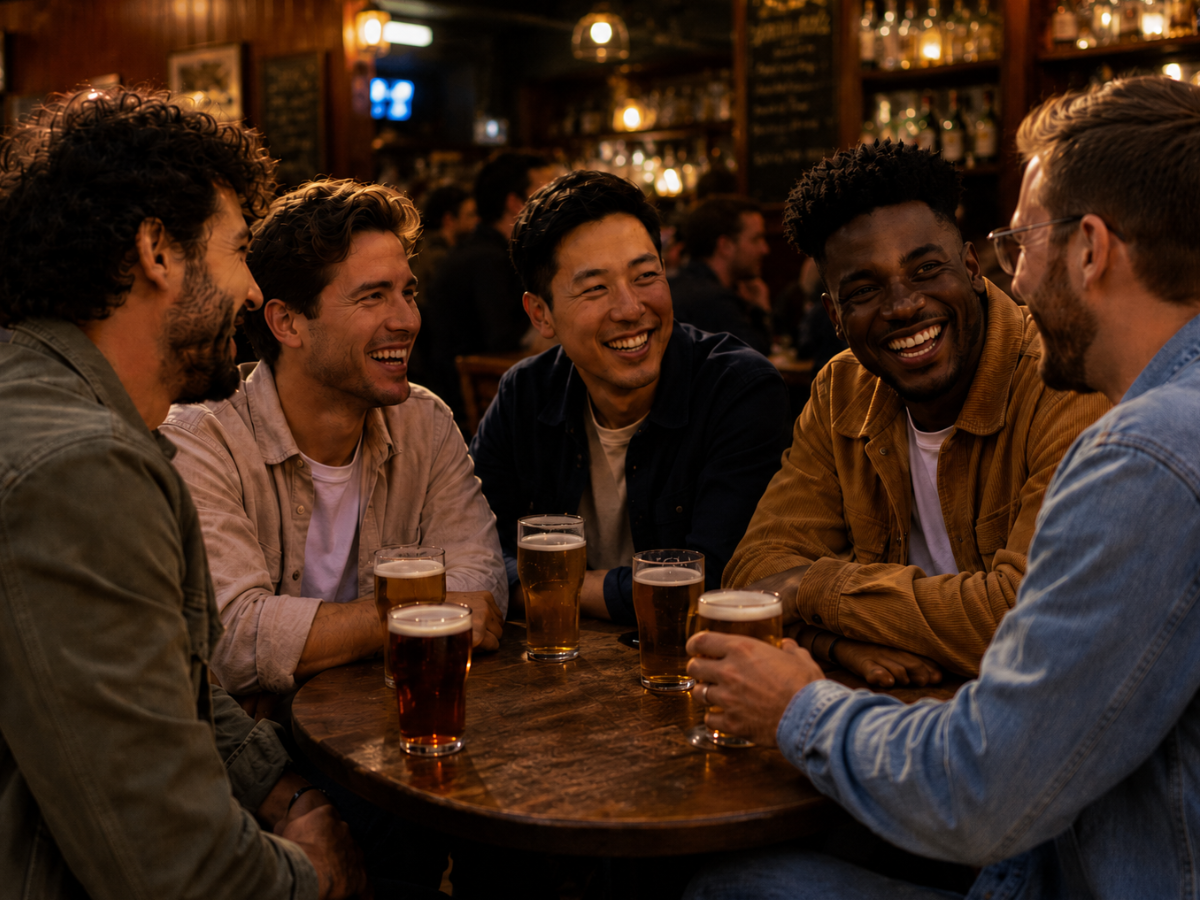 Five friends sit around a wooden table in a bar, smiling and holding pints of beer.