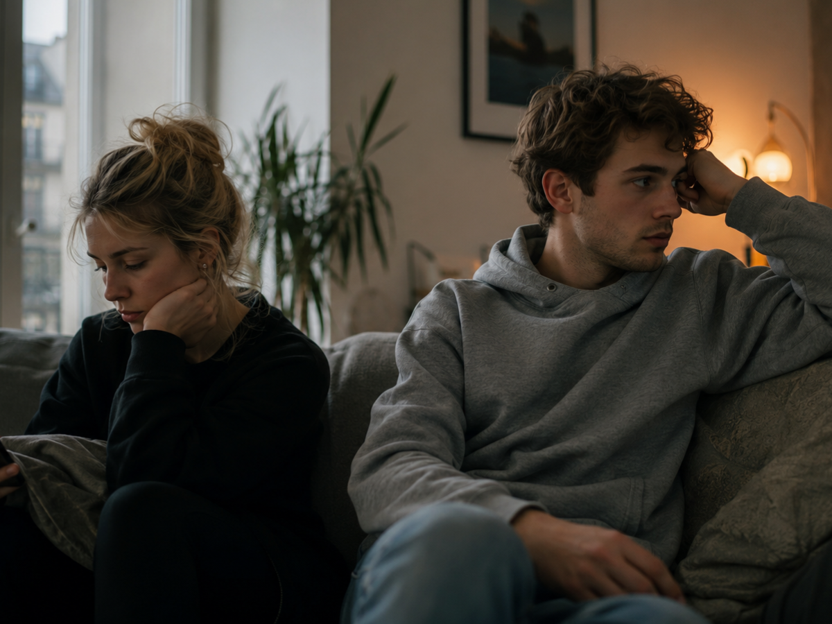 A young woman and man sit apart on a sofa in a dim living room, both looking down with pensive expressions.