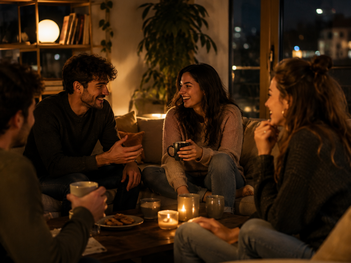 Friends sitting on a couch around a coffee table at night, smiling and chatting by candlelight in a cozy living room.