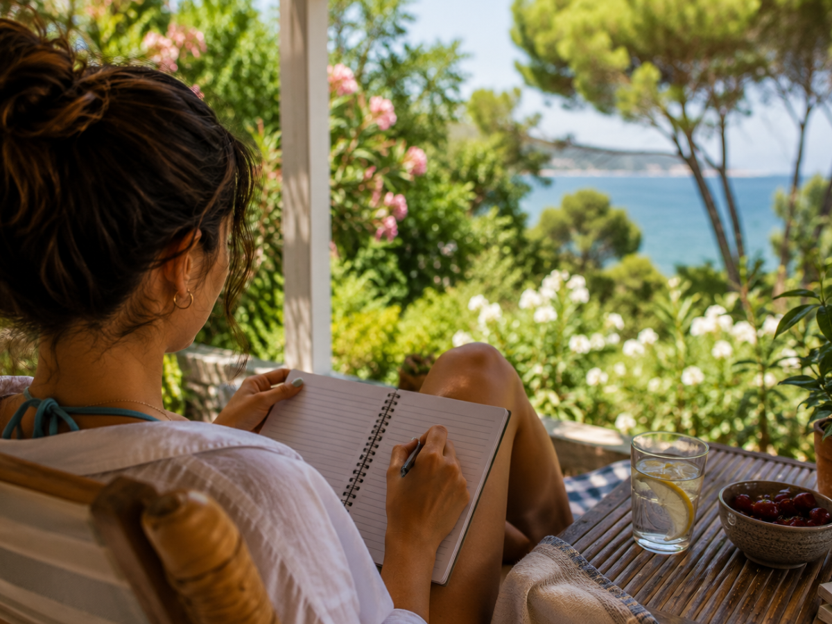 Woman writing in a spiral notebook on a sunny patio with a sea view and lush greenery behind her.
