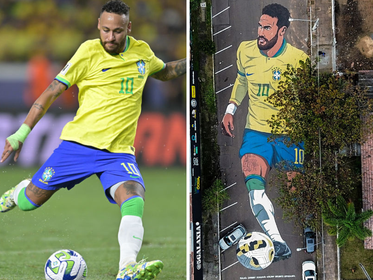 Brazilian forward Neymar Jr. in yellow Brazil jersey #10 kicking a soccer ball during a match (action shot). Second panel shows an aerial mural of Neymar in a yellow jersey on a city street.