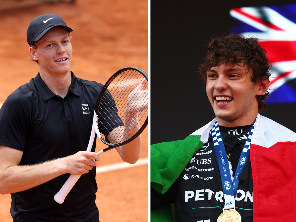 Male tennis player in a black polo and cap holding a racket on a clay court (left). On the right, a jubilant athlete with a gold medal and flag, smiling on stage (split image).