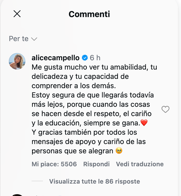 Schermata dei commenti di Instagram con un commento di alicecampello verificata che elogia l'autrice, include un cuore emoji e opzioni Rispondi e Vedi traduzione.