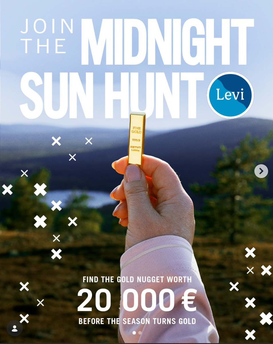 Hand holding a gold nugget in front of a mountain landscape with large white text 'MIDNIGHT SUN HUNT' and a Levi logo in the corner.
