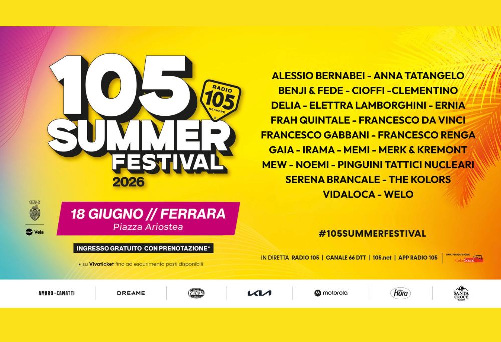 Festival poster for 105 Summer Festival 2026 with bold title and a list of artists on the right, on a yellow gradient background.