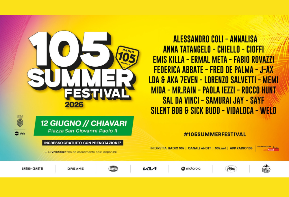 Festival poster for 105 Summer Festival 2026 with bold '105 SUMMER FESTIVAL' text and a bright yellow gradient background. Featuring date 12 GIUGNO // CHIAVARI and list of performers on the right side, plus sponsor logos at the bottom left and a green date banner in the middle left.