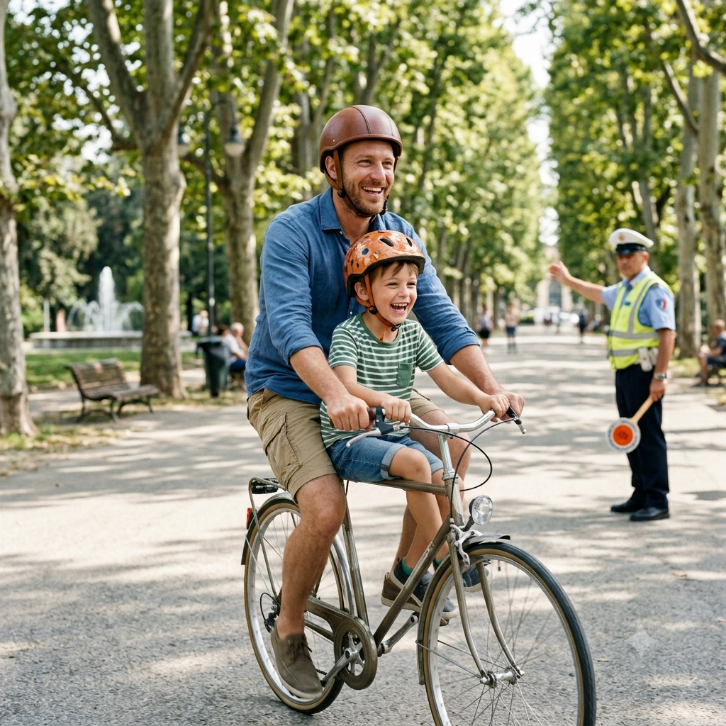 Papà multato perché portava il figlio sulla canna della bicicletta