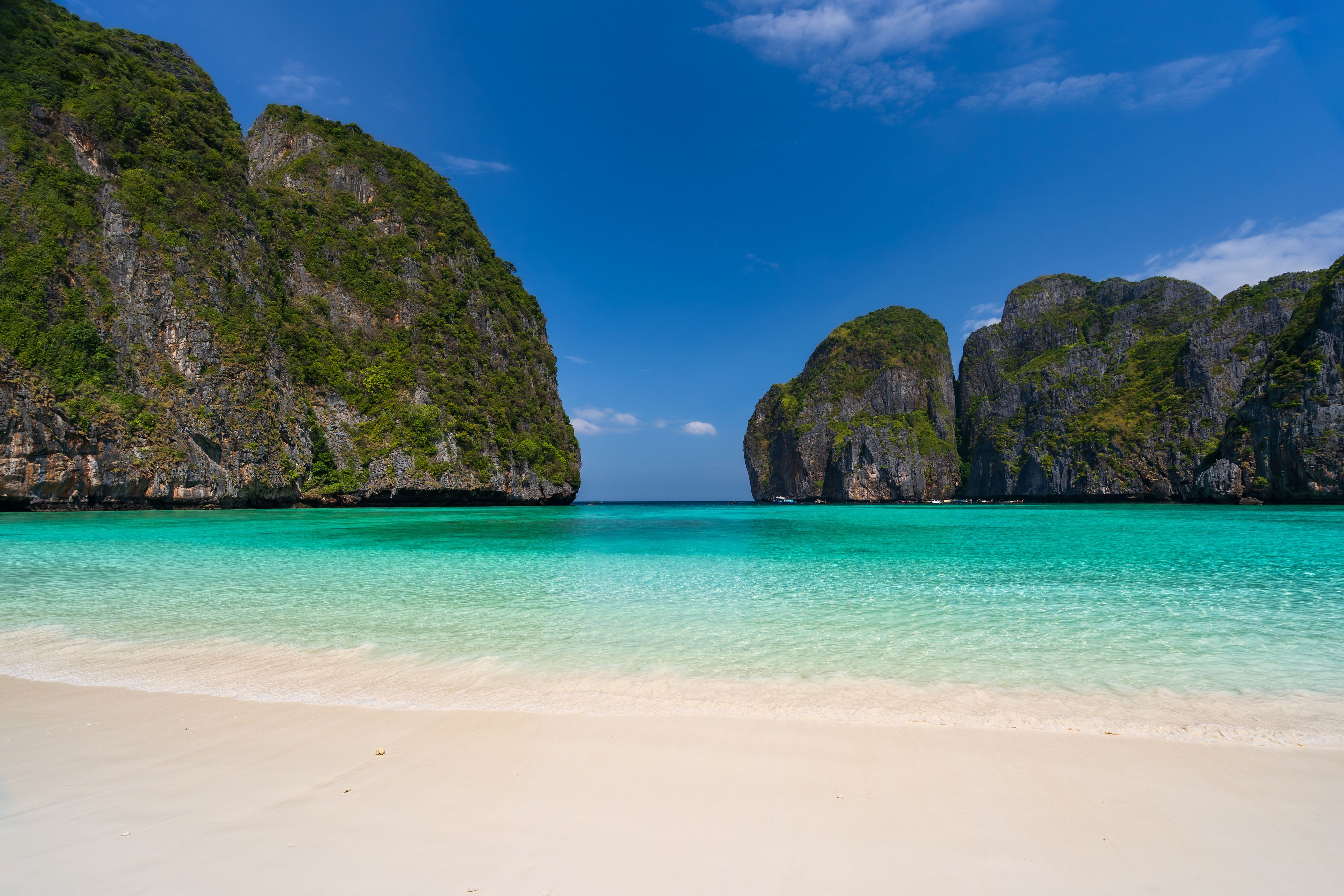 Beautiful tropical white sand beach and transparent sea at Maya bay in Krabi Thailand After three and a half years of closure in order to restore the marine ecosystem