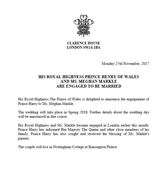 Clarence House: Harry e Meghan sposi