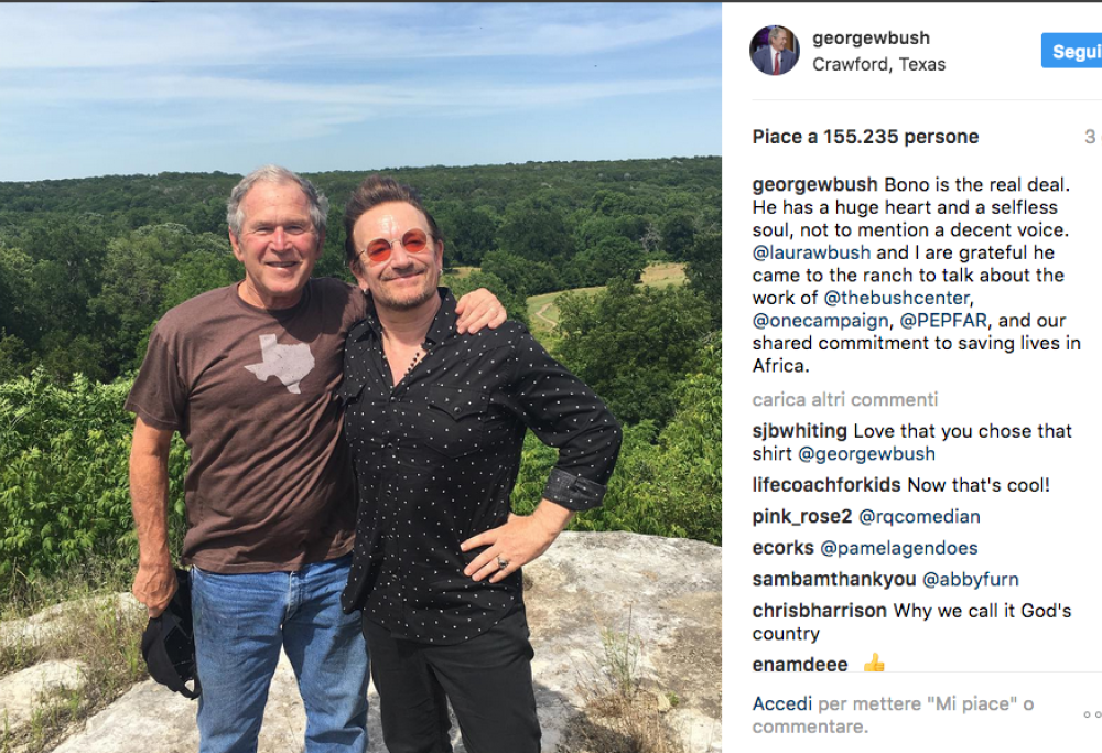 Bono visita l’ex presidente George W. Bush.  Che entusiasta pubblica la loro foto su Instagram!