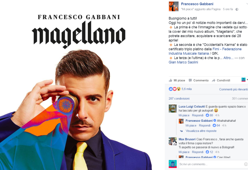 Francesco Gabbani: il nuovo album si intitola “Magellano”