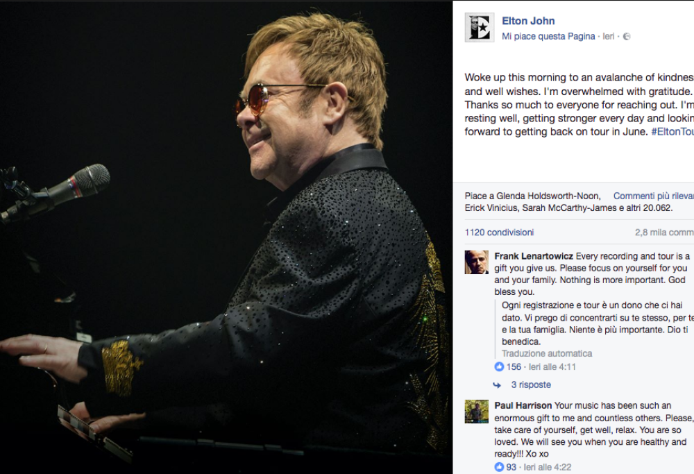 Elton John: gli amici gli chiedono di riposarsi dopo la grave infezione che lo ha colpito