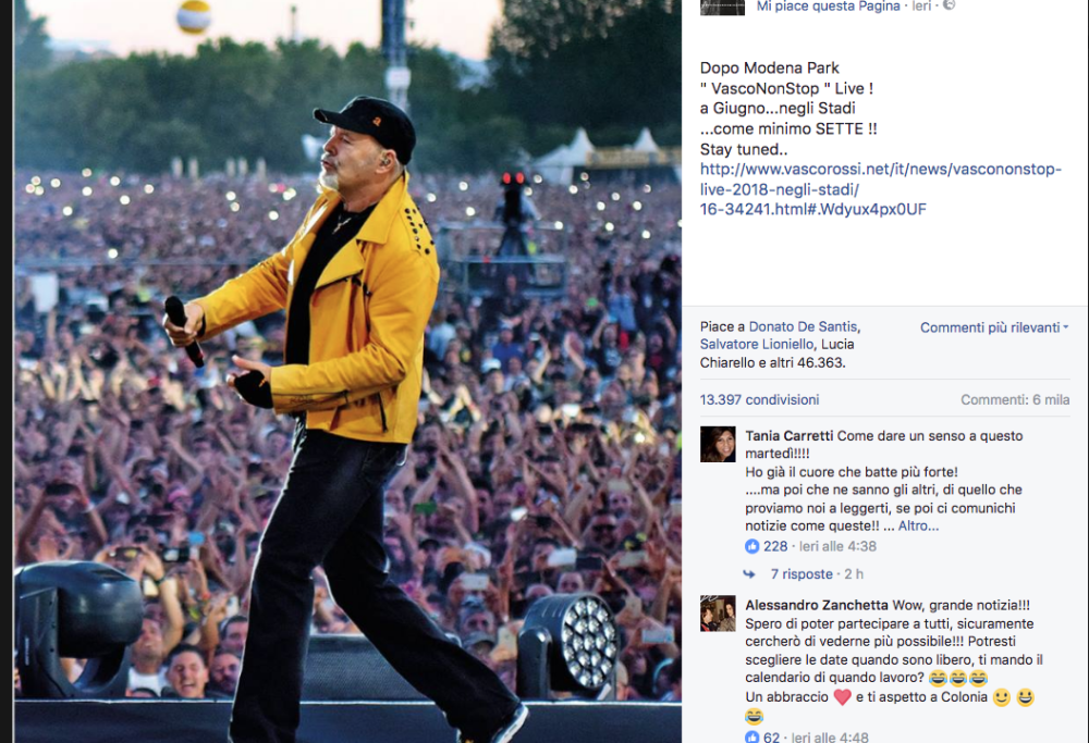 Vasco Rossi annuncia nuovi tour negli stadi