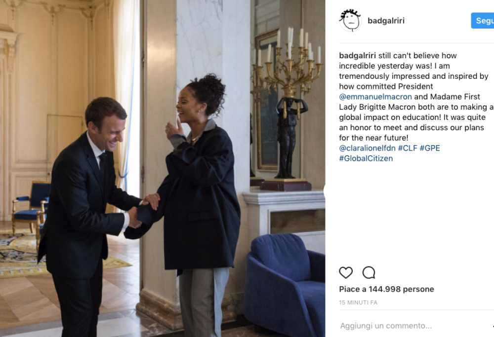 Rihanna ricevuta all’Eliseo per parlare di educazione
