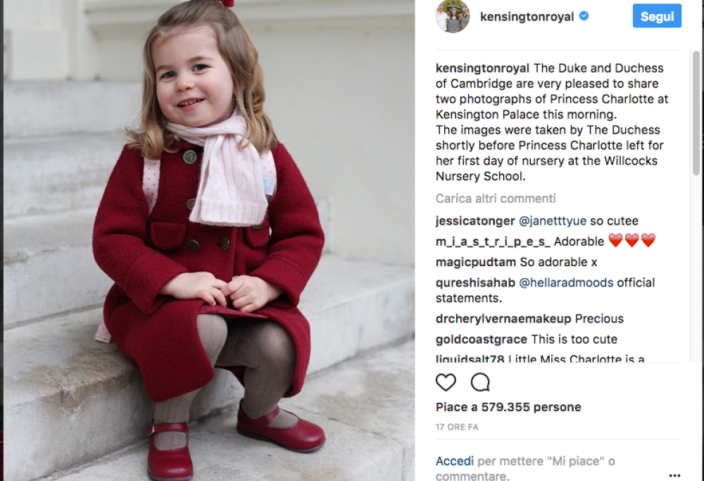 Baby Charlotte: le foto del primo giorno d’asilo