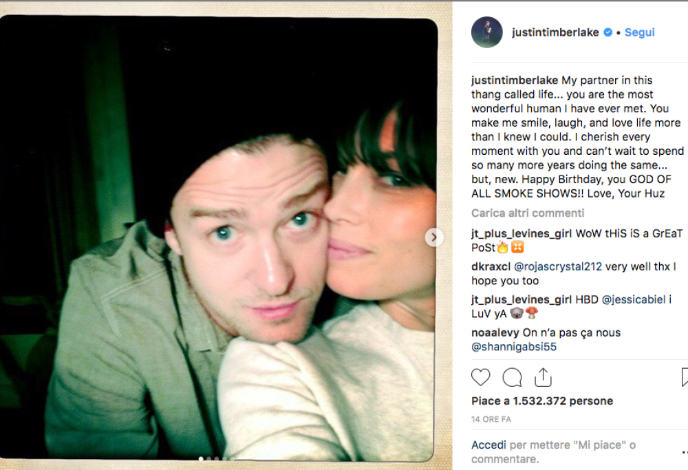 Justin Timberlake: ecco i suoi auguri romantici a Jessica Biel