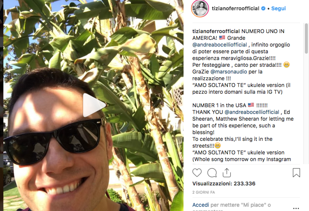 Tiziano Ferro festeggia il successo di Bocelli negli USA cantando! Guarda il video
