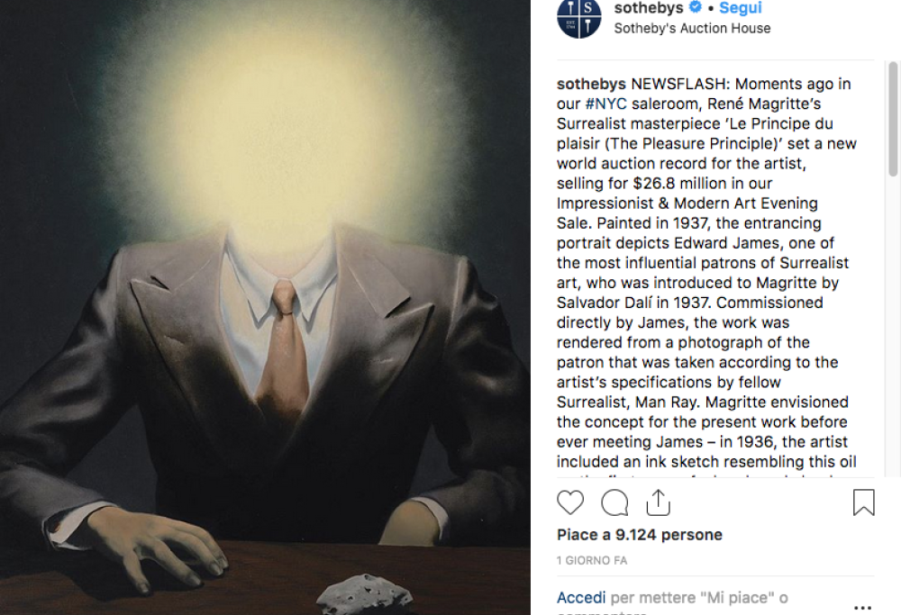 Il Magritte dei record:  quasi 27 milioni di dollari per un suo quadro