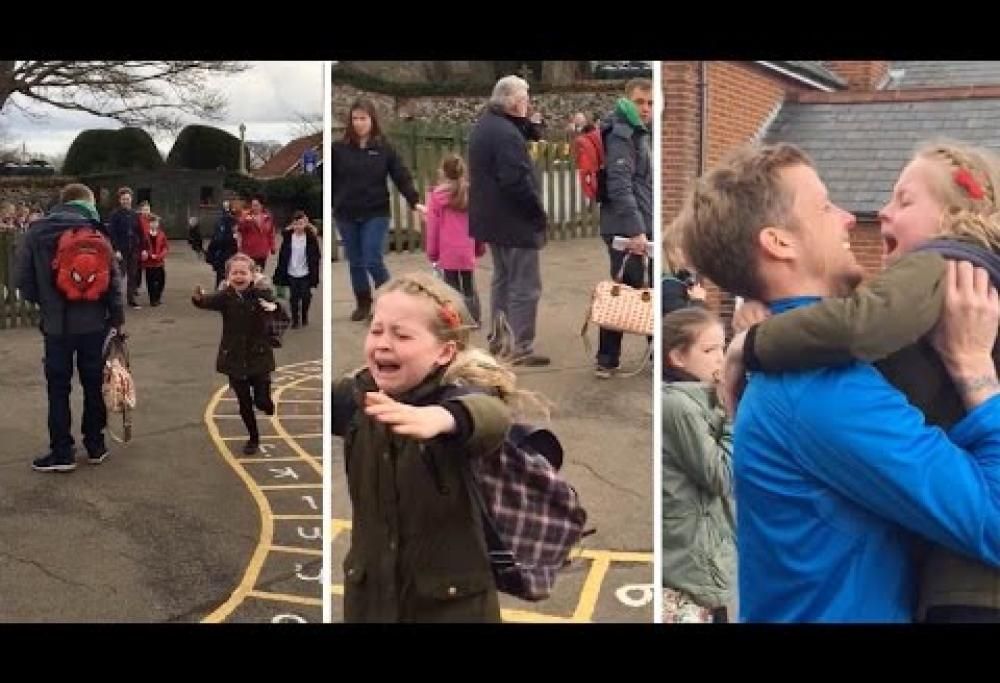 Amore per il papà: l’emozione di una bimba  che abbraccia il papà dopo la scuola